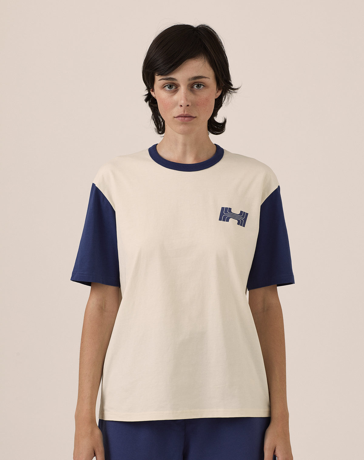 Athletic Tee- Ecru and Washed Navy
