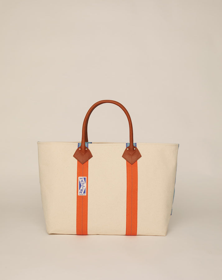 Profile image of classic canvas tote bag in natural ecru colour with leather handles and contrasting orange stripes.