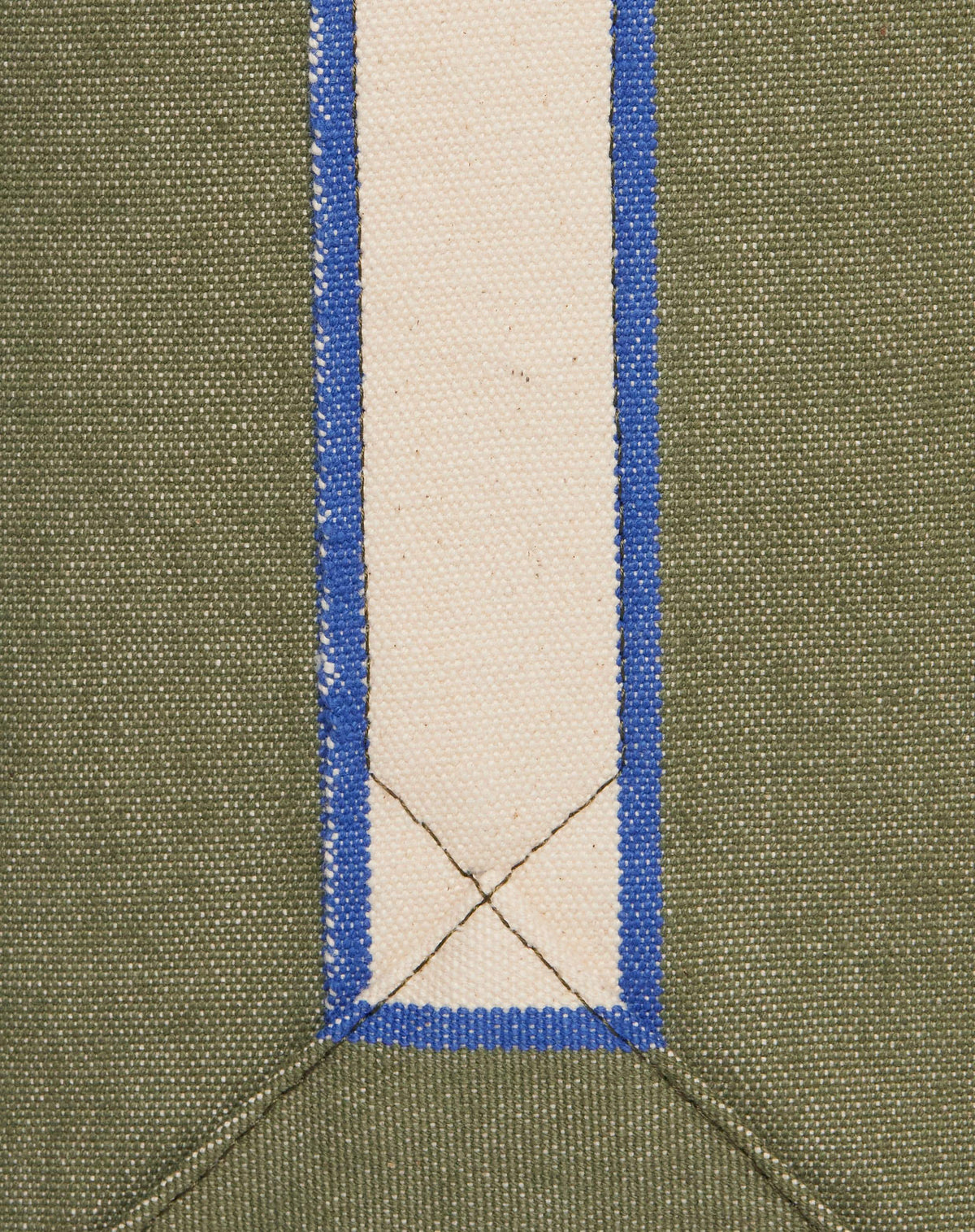 Close-up image of sage coloured canvas with contrasting natural ecru stripe and stitch detail.