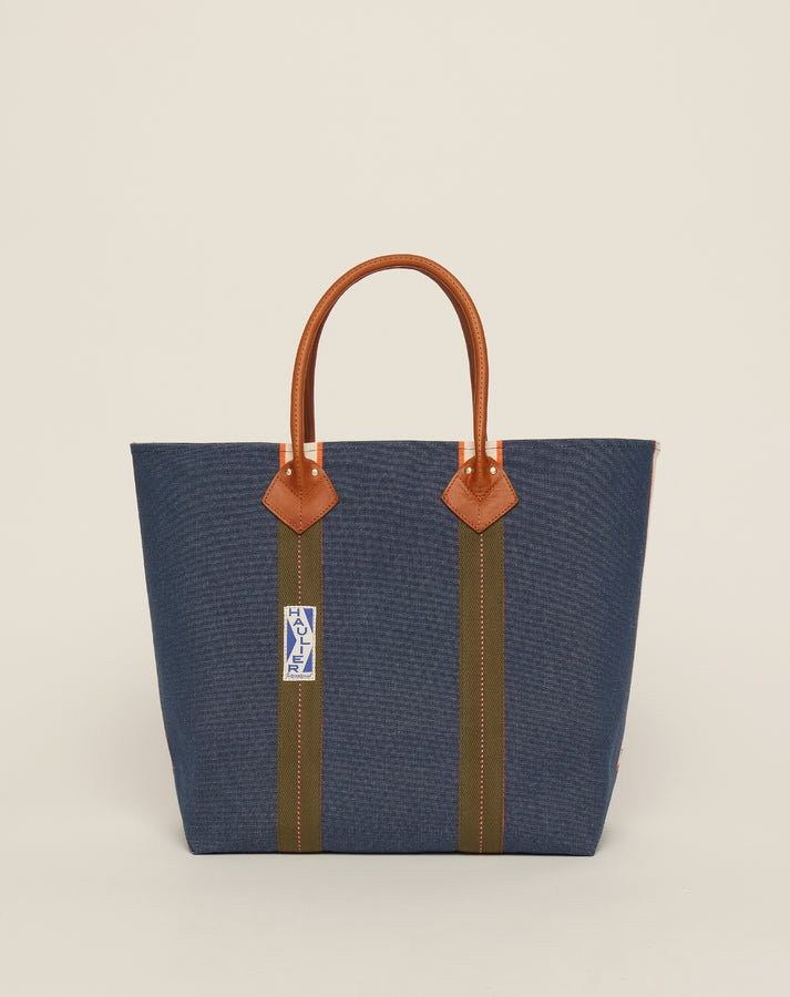 Profile image of medium-sized classic canvas tote bag in orange colour with tan leather handles and contrasting stripes.