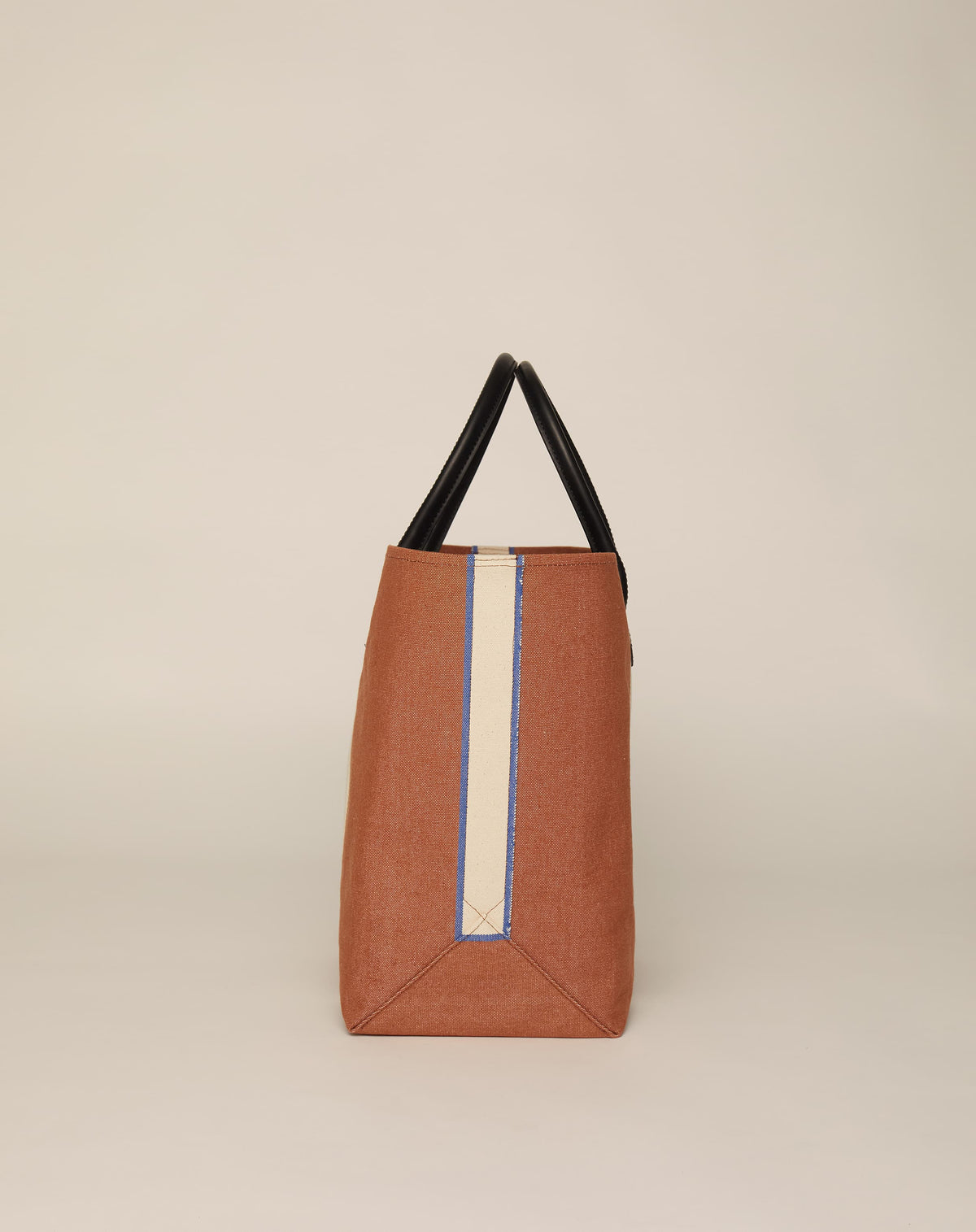Profile image of classic canvas tote bag in tan colour with black leather handles and contrasting natural ecru stripes.